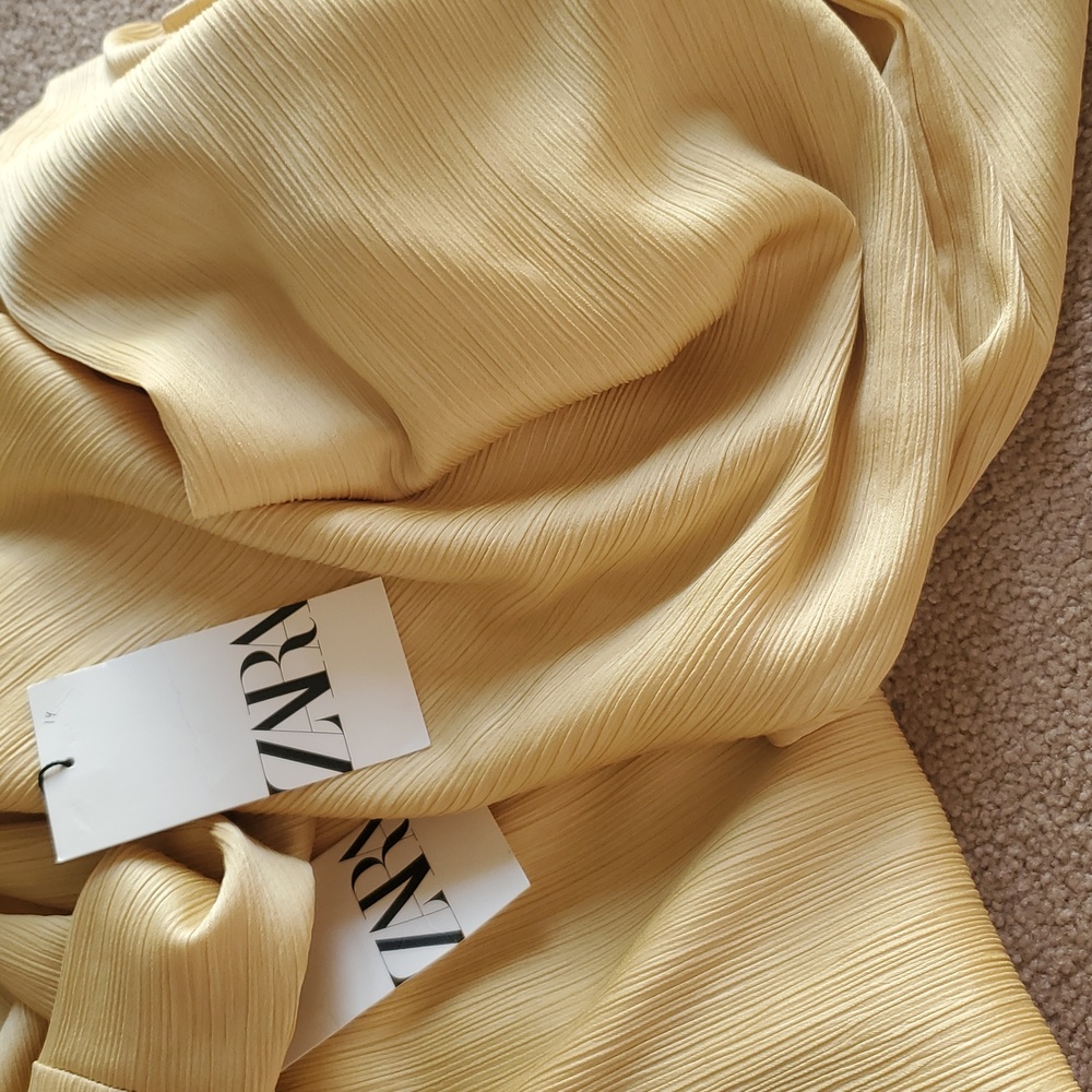 Zara 2 pieces set belted pleated kimono and pleated wide leg pants yellow NWT - Picture 16 of 16